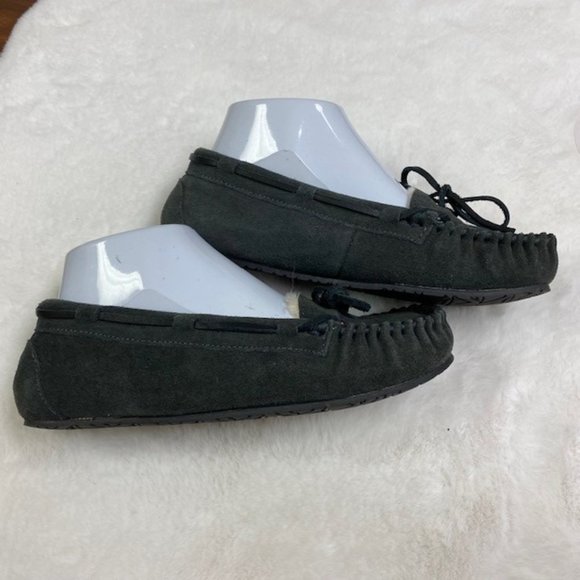 Minnetonka Cally Gray Leather Moccasin Slippers Women's 6 Faux Fur Lined - Picture 3 of 8